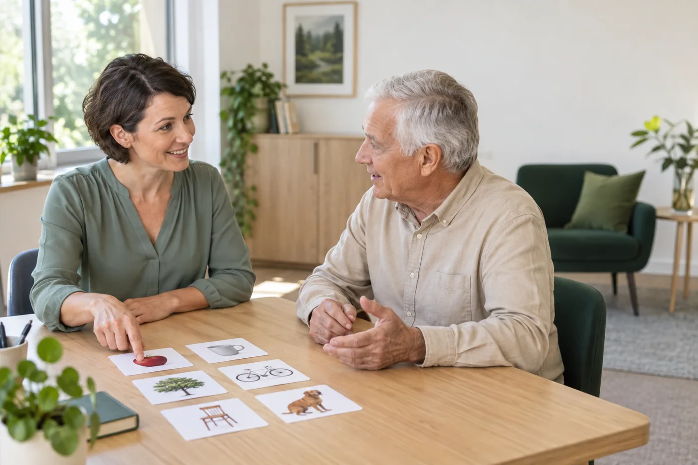 Logopädin und erwachsener Patient bei einer Sprachübung – KI-Symbolbild