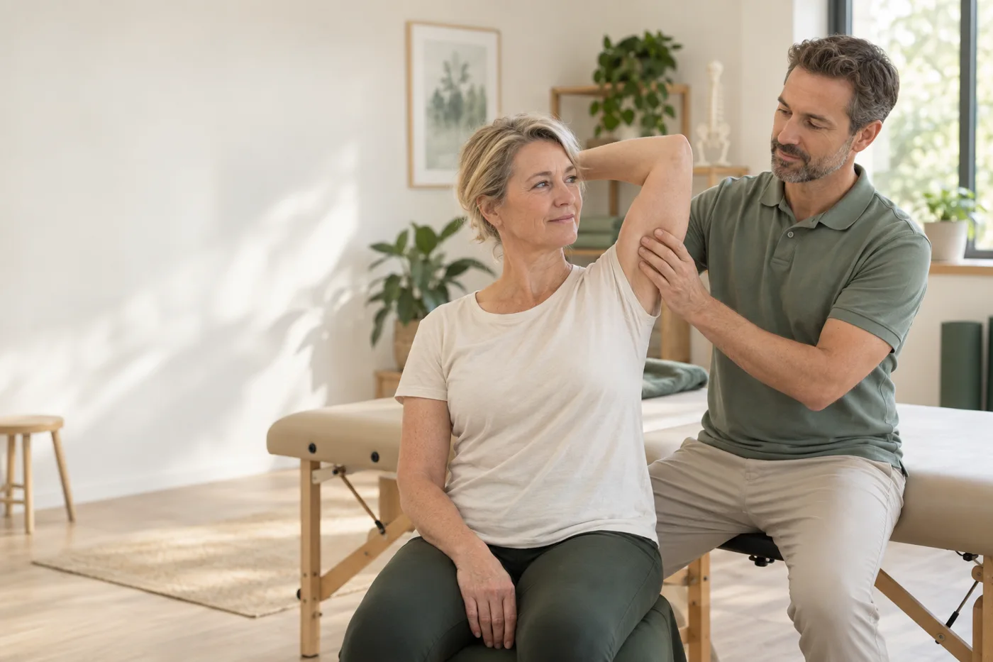 Physiotherapeut begleitet eine Patientin bei einer Schulterübung – KI-Symbolbild